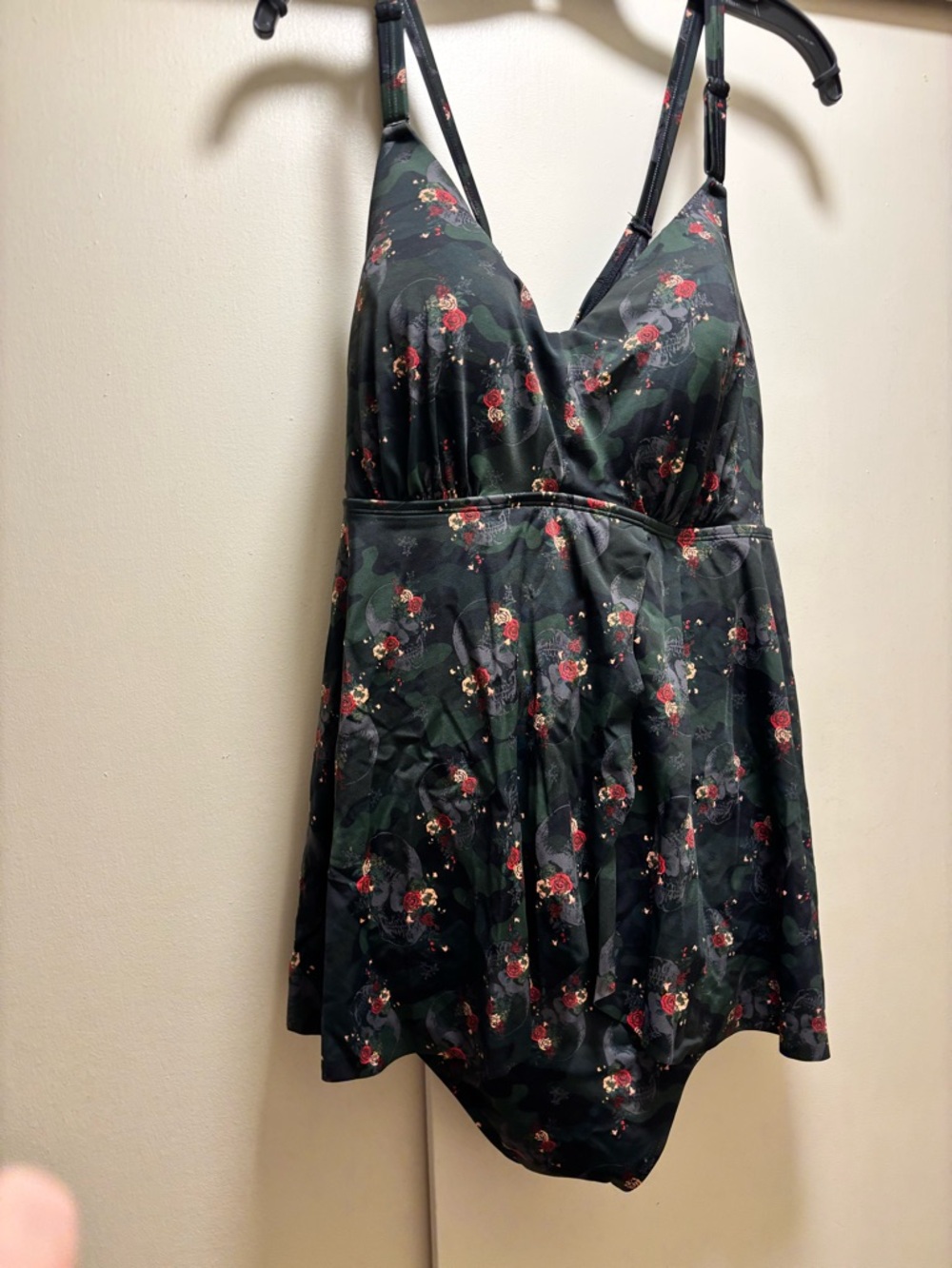 Torrid  Black with Red Rose Skull Camo pattern one piece swimsuit